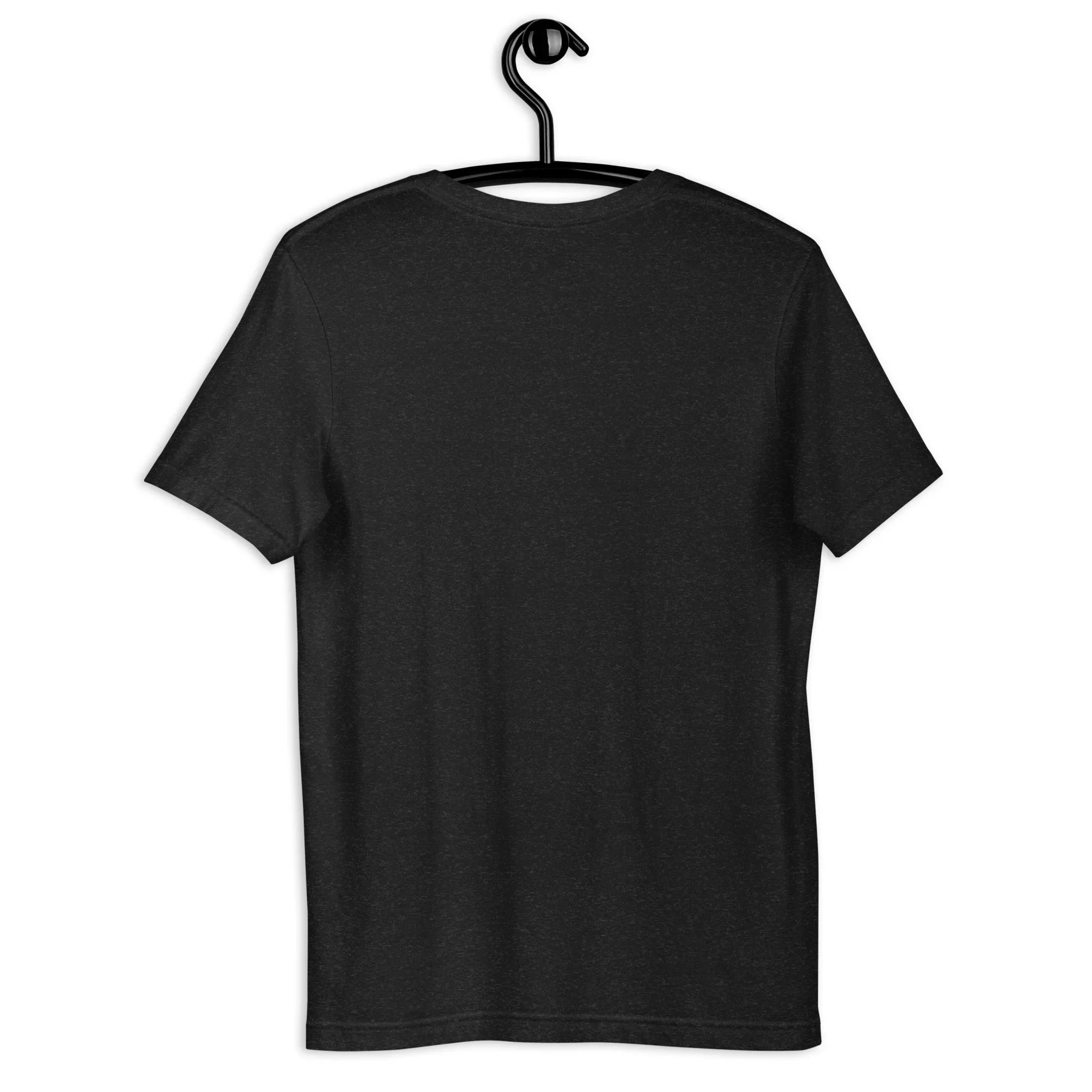 Back view of black heather unisex staple T-shirt on black hanger against white background