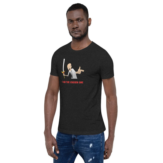 Black heather unisex t-shirt with cartoon samurai and text I am the chosen one